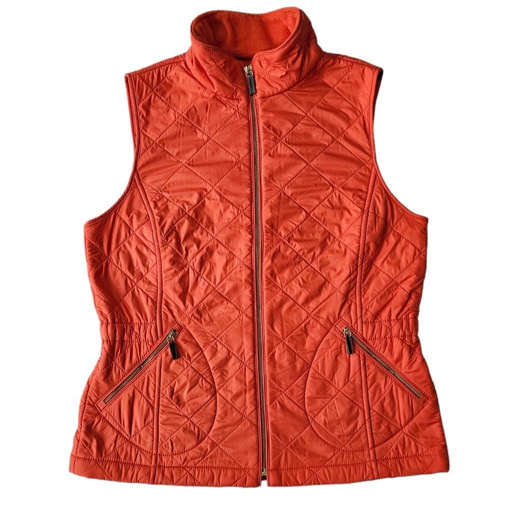 NWOT Talbots Quilted Vest Fleece Lined Front Zipper Elastic Waist Color Orange